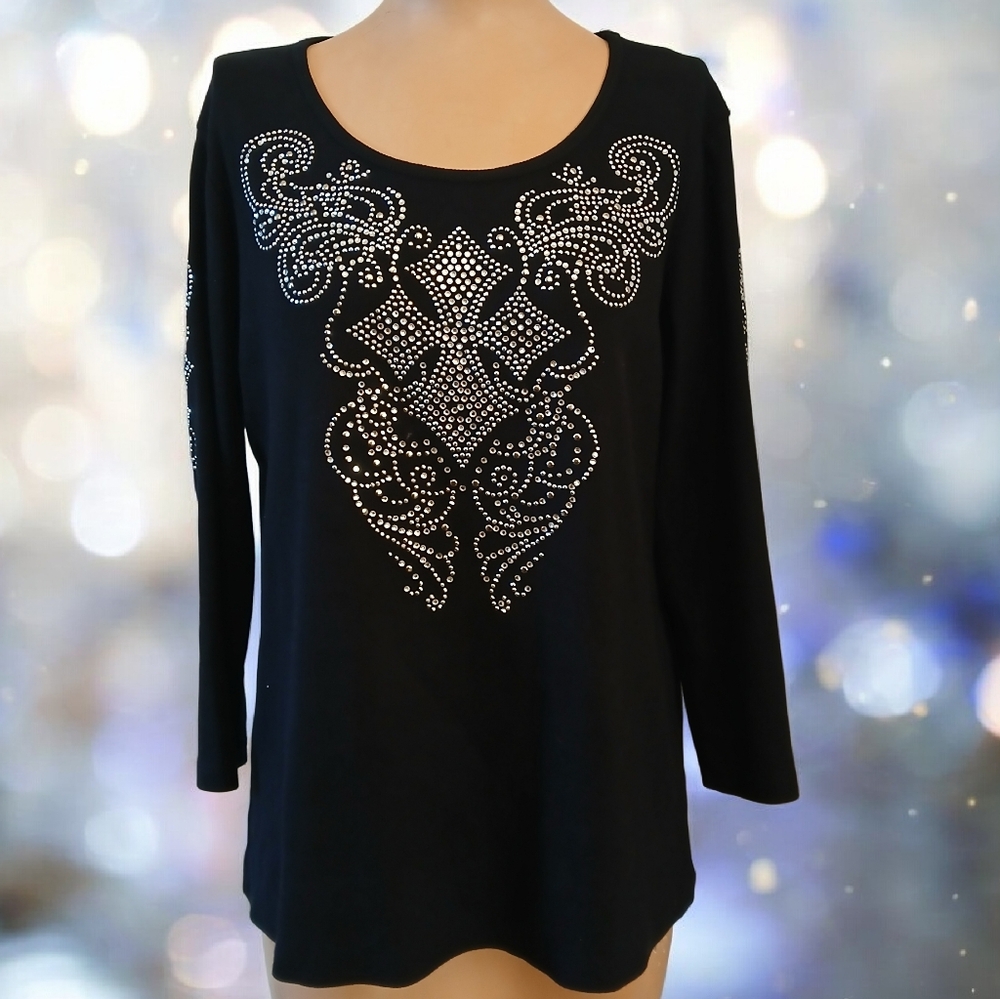 REBA Sparkly RHINESTONE Studded Embelleshed Long Sleeve Scoop Neck Tee Top XL